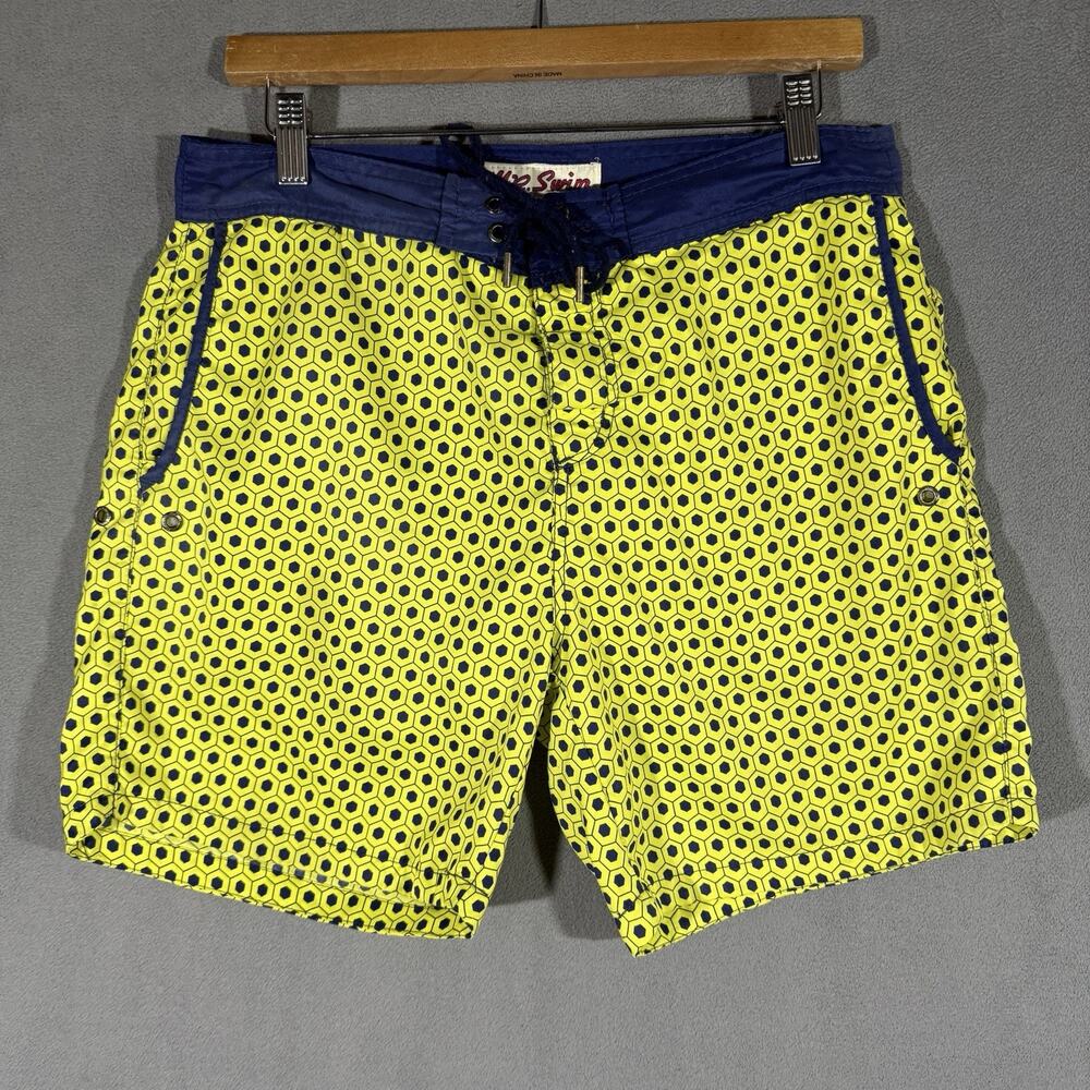Vintage Mr Swim Trunks Short Board Shorts Mens Size 31 Neon Green Blue Netted